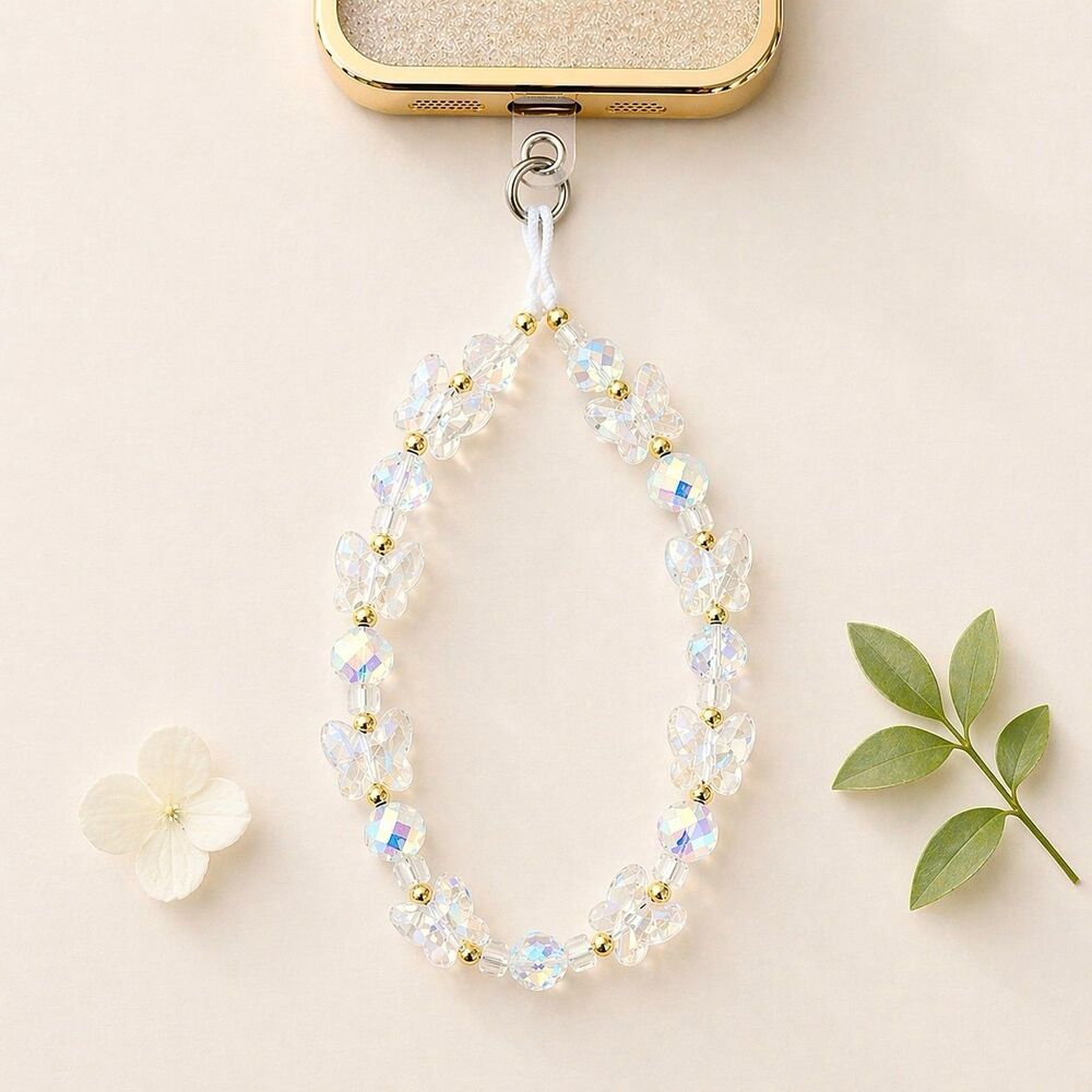 Beaded hand-held lanyard chain, phone wrist strap white butterfly